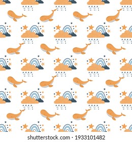 Trendy seamless repeating scandinavian pattern with hand drawn rainbow, whale, raining cloud, stars. Сhildish Illustration for baby textile, background, fabric, print, wall decor, texture, wrapper
