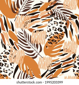 Patrón de safari a la moda sin fisuras en tonos marrones naturales, hojas tropicales abstractas, palmera, huella de leopardo, camuflaje, dibujado a mano, embalaje, papel pintado, diseño para textiles, ilustración vectorial.