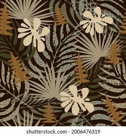 Trendy seamless safari pattern in natural green and brown tones, abstract tropical leaves, flowers, shapes, camouflage spots background, hand drawn, for packaging, wallpaper, textiles, vector 