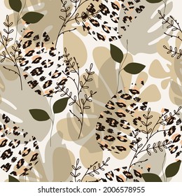 Trendy seamless safari pattern in natural green and brown tones, abstract tropical leaves, shapes, grunge leopard camouflage spots background, hand drawn, for packaging, wallpaper, textiles, vector 