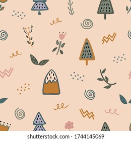 Trendy seamless scandinavian pattern. Fabric design with simple patterns - mountains, spruce, flowers. Vector cute repeat pattern for fabric, wallpaper or wrapping paper.