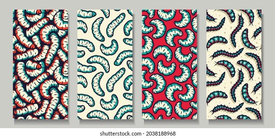 Trendy seamless scary maggots patterns. Set of ugly backgrounds for halloween. Scary zombie worms wallpaper