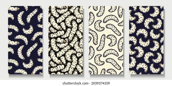 Trendy seamless scary maggots patterns. Set of ugly backgrounds for halloween. Scary zombie worms wallpaper