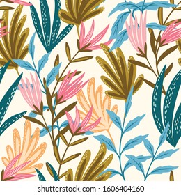 Trendy seamless simple flowers in the abstract style on white background. Modern flat vector illustration. Summer pattern for textile design, wallpaper, fabric, backdrop, cover, wrapping paper.