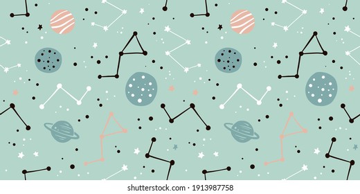 Trendy seamless space patterns. Cosmos backgrounds for cosmonautics day. Endless texture of universe for wallpaper, wrapping paper