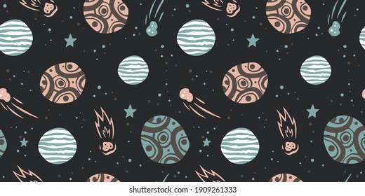 Trendy seamless space patterns. Planet in cosmos backgrounds for cosmonautics day. Endless texture of universe for wallpaper, wrapping paper