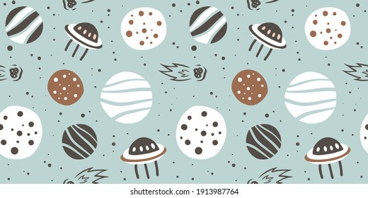 Trendy seamless space patterns. Ufo in cosmos backgrounds for cosmonautics day. Endless texture of universe for wallpaper, wrapping paper