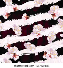 Trendy seamless spring pattern with blossom plum tree's flowers and art stroke stripes. Marble textured vector backdrop.