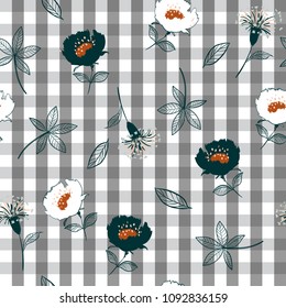 Trendy Seamless summer blooming  hand drawn flowers pattern background with gingham check vector