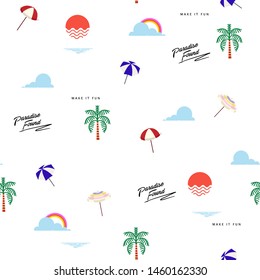 Trendy seamless summer pattern with beach icon elements such as palm trees , sky, rainbow ,sun ,umbrella, sea and wording” PARADISE FOUND “ repeat on white background color design for all prints