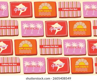 Trendy  seamless Summer Tropical Bliss Vacation Seamless pattern. Summer Vibes , palm tree , Fish,Sun set ,banana,beach vector Vibrant , Design for fashion , fabric, textile, and all prints 