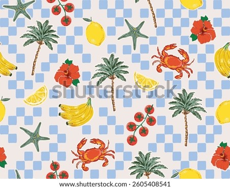Trendy  seamless Summer Tropical Bliss Vacation Seamless pattern. Summer fruit, Lemon , Hibiscus flower, Crab , Tomatoes  ,banana,beach vector , Design for fashion , fabric, textile, and all prints 