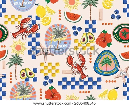 Trendy  seamless Summer Tropical Bliss Vacation Seamless pattern. Summer fruit, lemon , Hibiscus flower, Lobster ,banana, Avocado beach vector , Design for fashion , fabric, textile, and all prints 