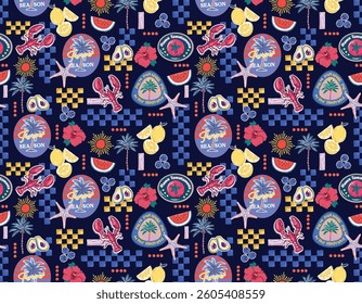 Trendy  seamless Summer TropicalVacation Seamless pattern. Summer fruit , lemon , Hibiscus flower,banana, Avocado beach vector Vibrant , Design for fashion , fabric, textile, and all prints 