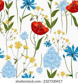 
Trendy seamless textile botanical meadow flowers print. Aerial flora natural summer pattern. Bright beautiful red poppies and meadow grasses and medium-sized flowers floral vector print.