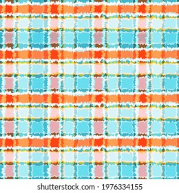 Trendy seamless tie dye design, vector. Checkered dirty abstract pattern in blue and orange colors.Great for decorating fabrics, textiles, gift wrapping design, any printed materials and advertising. 