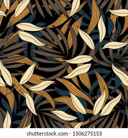 Trendy seamless tropical pattern with bright beige plants and leaves on black background. Exotic style. Abstract print, textile, print, poster. Botanical flora. Jungle leaf seamless vector.