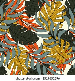Trendy seamless tropical pattern with bright orange and yellow leaves and plants on a white background. Beautiful seamless vector floral pattern. Exotic wallpaper.
Tropical botanical. 