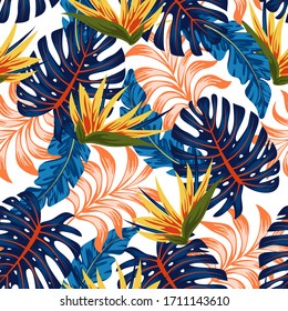 Trendy seamless tropical pattern with bright plants and leaves on a light background. 
Summer colorful hawaiian seamless pattern with tropical plants. Beautiful print with hand drawn exotic plants.