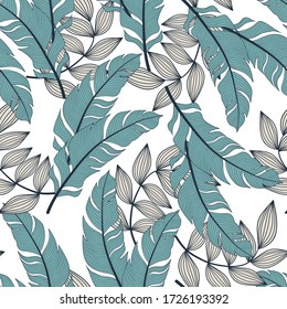 Trendy seamless tropical pattern with bright plants and leaves on a white background. Vector design. Jungle print. Floral background.  
Trendy summer Hawaii print.