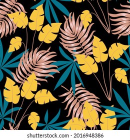 Trendy seamless tropical pattern with bright colorful plants and leaves on a black background. Tropical botanical. Trendy summer Hawaii print.