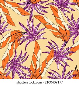 Trendy seamless tropical pattern with bright plants and leaves on a yellow pastel background. Seamless pattern with colorful leaves and plants. Colorful stylish floral. Printing and textiles. 