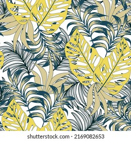 Trendy seamless tropical pattern with bright plants and leaves on a white background. Modern abstract design for fabric, paper, interior decor. Summer Hawaii print.