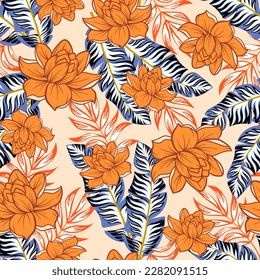Trendy seamless tropical pattern with bright plants and flowers on a yellow background. Tropic leaves in bright colors. Hawaiian style. Summer colorful hawaiian seamless pattern with tropical plants.