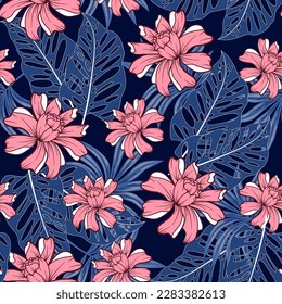 Trendy seamless tropical pattern with bright plants and flowers on a purple background. Summer colorful hawaiian. Trendy summer Hawaii print. Tropical botanical.
