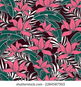 Trendy seamless tropical pattern with bright plants and flowers on the background. Seamless exotic pattern with tropical plants. Modern abstract design for fabric, paper, interior decor.