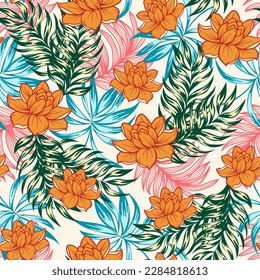 Trendy seamless tropical pattern with bright plants and flowers on a pastel background. Seamless pattern with colorful leaves and plants. Beautiful print with hand drawn exotic plants.