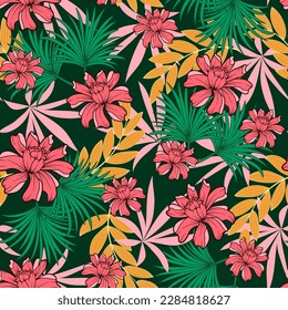 Trendfarbenes, nahtloses tropisches Muster mit hellen Pflanzen und Blumen auf weißem Hintergrund. Nahtlose exotische Muster mit tropischen Pflanzen. Schöner Druck mit handgezeichneten exotischen Pflanzen.