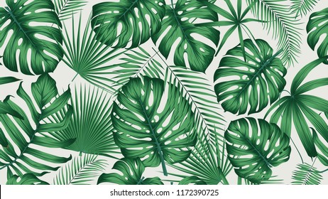 Trendy seamless tropical pattern with exotic leaves and plants jungle