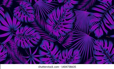 Trendy seamless tropical pattern with exotic leaves in ultraviolet light