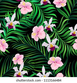 Trendy seamless tropical pattern with orchid, palm leaves and hibiscus flowers. Hand drawn vector background.