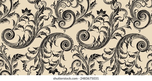 Trendy seamless vector background in Baroque style with botanical elements, for textiles, wallpapers, backgrounds, and packaging.