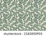 Trendy seamless vector floral pattern. Endless print made of small white flowers. Summer and spring motifs. Gray blue green background. Stock vector illustration.