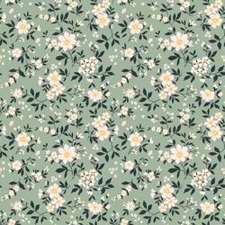 Trendy Seamless Vector Floral Pattern. Endless Print Made Of Small White Flowers. Summer And Spring Motifs. Green Gray Background. Stock Vector Illustration.
