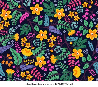 Trendy seamless vector floral pattern. Endless print made of small yellow flowers, leaves and berries. Summer and spring motifs. Dark blue background.Vector illustration.