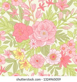 Trendy seamless vector floral pattern. Endless print made of small pink flowers, leaves and berries. Summer and spring motifs. White background.Vector illustration.