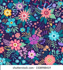 Trendy seamless vector floral pattern. Endless print made of small colorful flowers, leaves and berries. Summer and spring motifs. Dark blue background.Vector illustration.