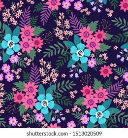 Trendy seamless vector floral pattern. Endless print made of small colorful flowers, leaves and berries. Summer and spring motifs. Vector illustration.