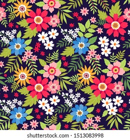 Trendy nahtlose Vektorgrafik-Blumenmuster. Endlos bedruckt aus kleinen bunten Blumen, Blättern und Beeren. Sommer- und Frühlingsmotive. Vektorgrafik.
