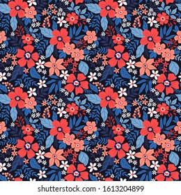 Trendy seamless vector floral pattern. Endless print made of small colorful flowers, leaves and berries. Summer and spring motifs. Vector illustration.