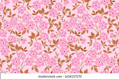 Trendy seamless vector floral pattern. Endless print made of small pink flowers and leaves. Summer and spring motifs. Light pink background. Vector illustration.