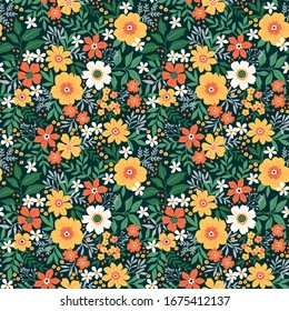 Trendy seamless vector floral pattern. Endless print made of hand draw flowers, leaves and berries. Summer and spring motifs. Dark green background. Vector illustration.