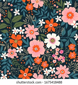 Trendy seamless vector floral pattern. Endless print made of hand draw flowers, leaves and berries. Summer and spring motifs. Black background. Vector illustration.