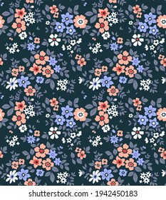 Trendy seamless vector floral pattern. Endless print made of small coral and mauve flowers. Summer and spring motifs. Dark gray background. Stock vector illustration.