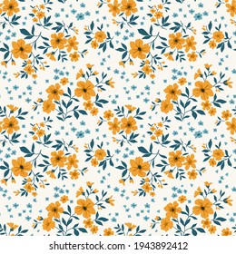 Trendy seamless vector floral pattern. Endless print made of small yellow flowers. Summer and spring motifs. White background. Stock vector illustration.
