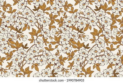 Trendy seamless vector floral pattern. Seamless print made of small white flowers and gold leaves. Summer and spring motifs. White background. Stock vector illustration.